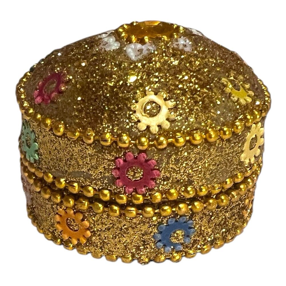 Vintage Gift Gallery Aluminum & Lacquer Trinket Box Glitter & Bead Ring Keeper